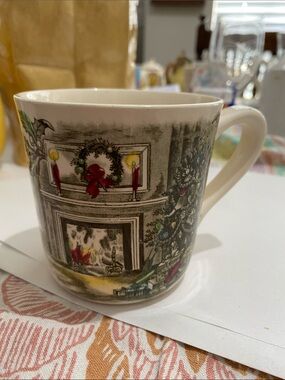 Mid Century Ironstone Christmas Mug, Hand Engraved. Made in England Johnson Bros